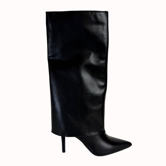 Worthington Black Stiletto Dress Boots Size 6.5 Fold Over Pointed Toe Night Out - Picture 1 of 16